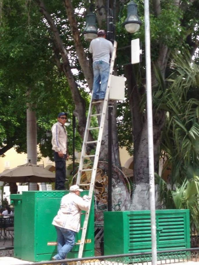 Trabajadores municipales colocan adornos del Mes Patrio.