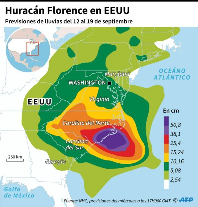 Vientos y lluvias del huracán Florence azotan costa este de EEUU