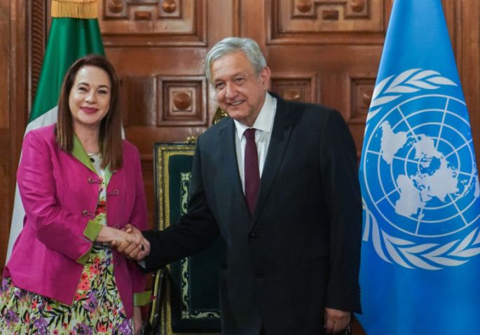 Recibe presidente López Obrador a presidenta de la Asamblea General de la ONU
