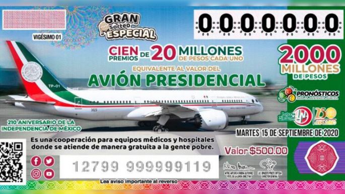 El 15 de septiembre la Lotería Nacional realizará sorteo del equivalente al valor del avión presidencial
