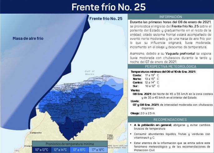 Advierte Procivy que este viernes ingresará frente frío número 25 a Yucatán