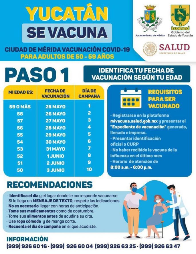 Del 25 de mayo al 3 de junio la vacunación en Mérida contra el Coronavirus de personas de 50 a 59 años