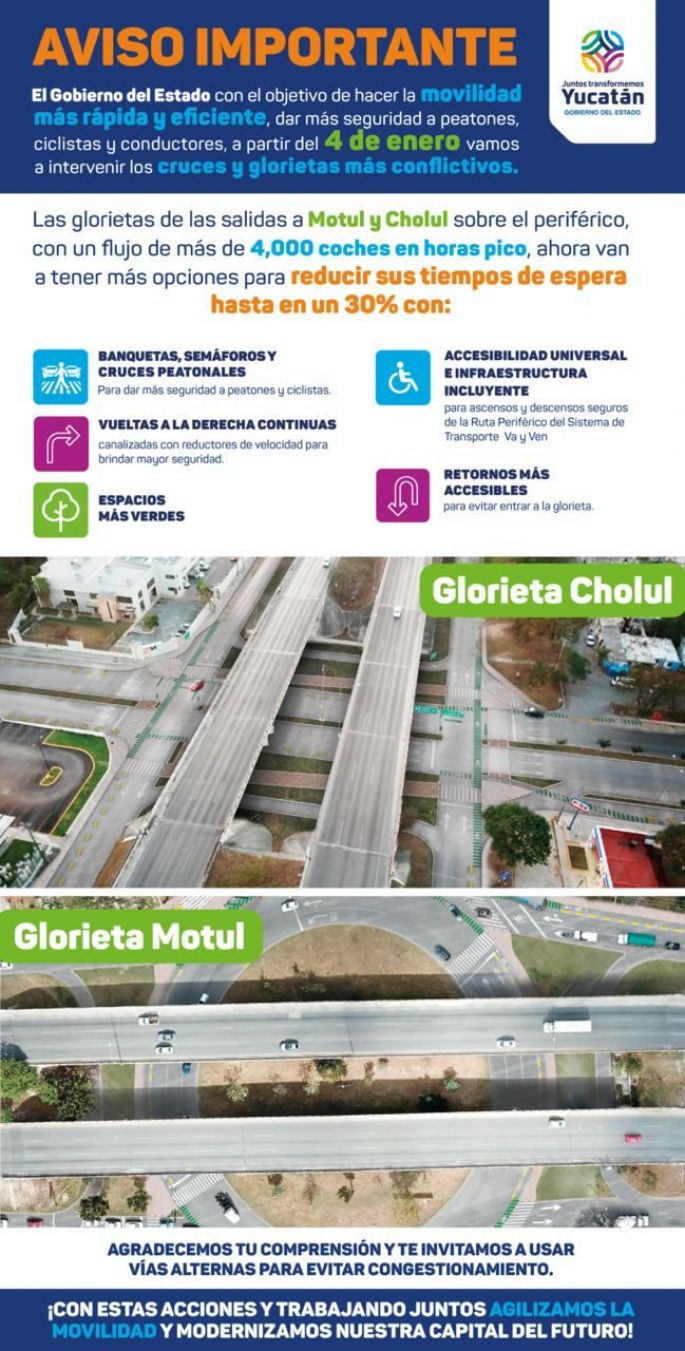 A partir del martes 4 de enero inicia intervención en glorietas de las salidas a Motul y Cholul para una mejor movilidad 