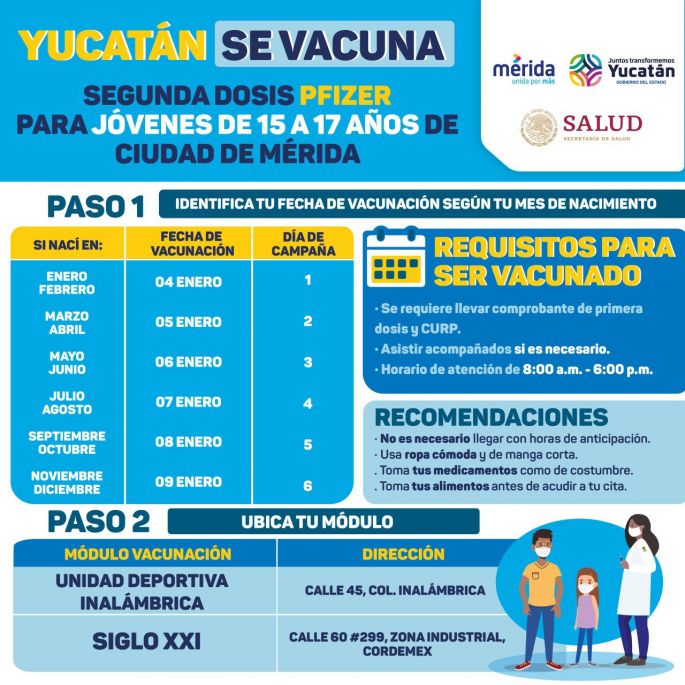 Adolescentes de 15 a 17 años de edad de Mérida recibirán segunda dosis de la vacuna contra el Coronavirus del 4 al 9 de enero