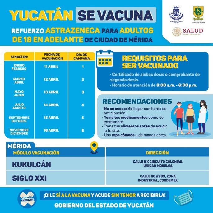 Personas de 18 años en adelante de Mérida y 7 municipios más, recibirán la dosis de refuerzo contra el Coronavirus el próximo lunes 11 abril