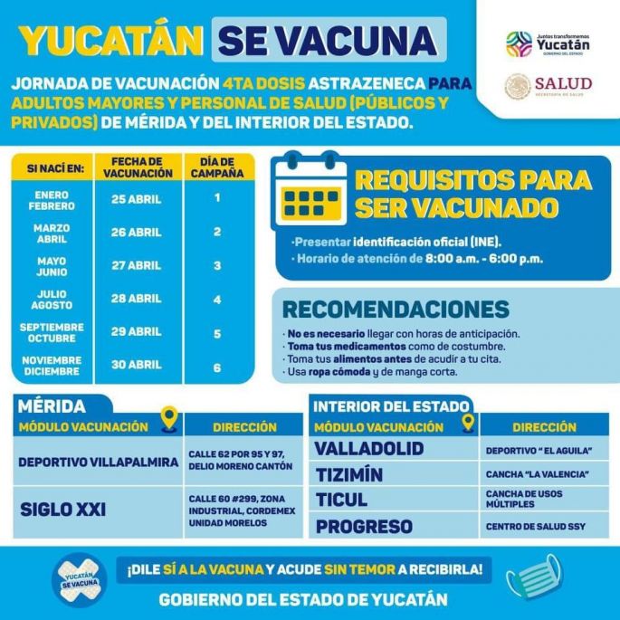 Inicia en Yucatán la aplicación de la cuarta dosis contra el Coronavirus a adultos mayores y trabajadores del sector salud