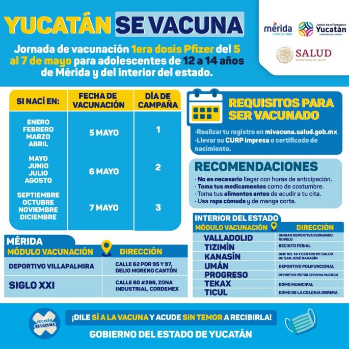 Próximo jueves 5 de mayo comienza la vacunación contra el Coronavirus en adolescentes de 12 a 14 años de edad