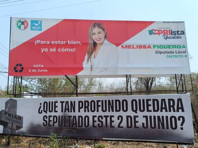 Denuncian manta al estilo narco para intimidar a candidata del PRI y a los yucatecos