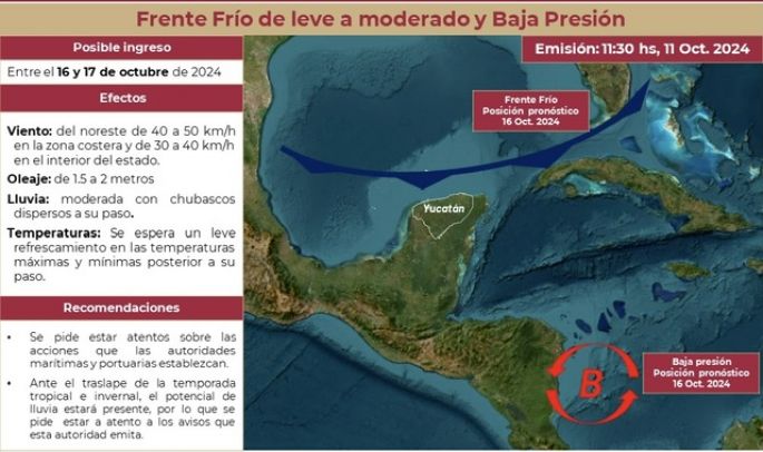 Llega a Yucatán el primer frente frío; entrará entre el 16 y 17 de octubre, con ligero descenso de temperatura