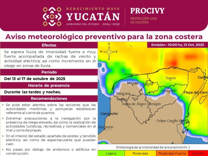 Alerta por lluvias fuertes y rachas de viento en la costa de Yucatán