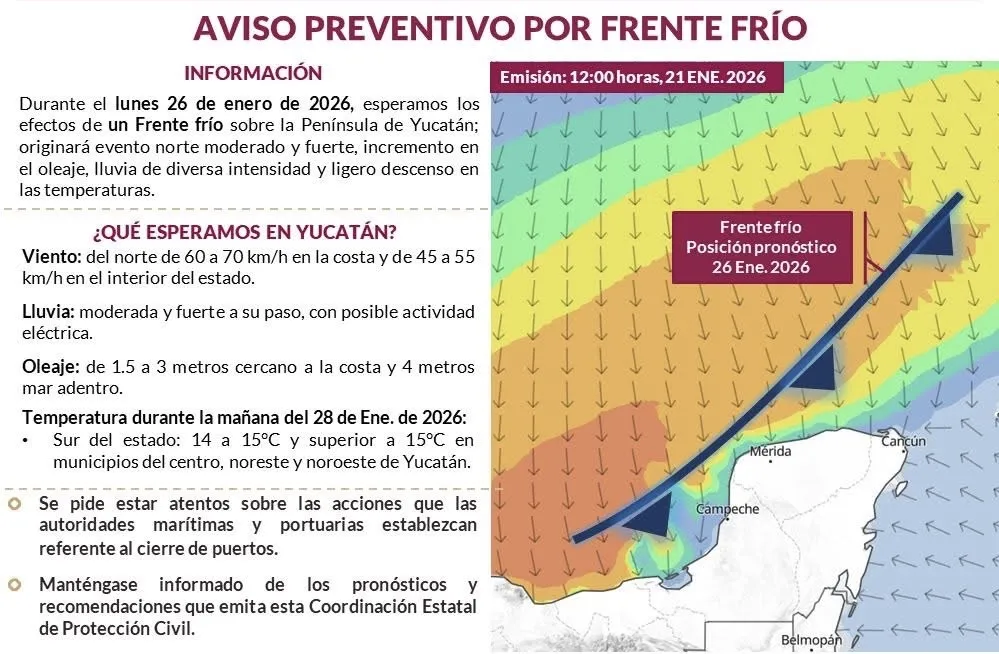 Nuevo frente frío en Yucatán, sus efectos se sentirán el próximo lunes 26
